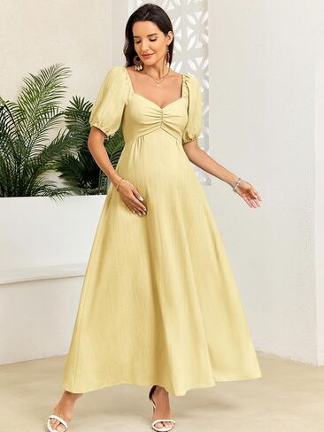 CYCLAMEN Boho Maternity Photoshoot Dress Sweetheart Neck Puff Sleeve Pleated A Line Maxi Pregnancy Gown for Baby Shower in Kuwait