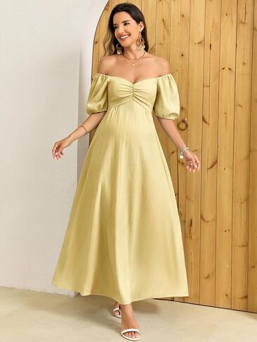 CYCLAMEN Boho Maternity Photoshoot Dress Sweetheart Neck Puff Sleeve Pleated A Line Maxi Pregnancy Gown for Baby Shower in Kuwait