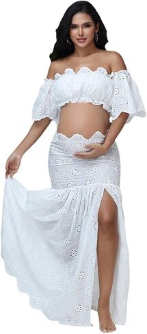 Maternity 2 Piece Outfits Dress Embroidered Boho Off Shoulder Ruffle Sleeve Tube Top & Split Long Skirt for Photoshoot in Saudi Arabia
