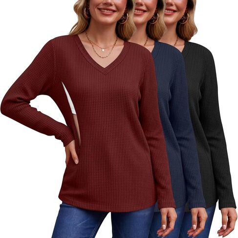 Huukeay 3 Pack Women's Waffle Knit Nursing Shirts V Neck Breastfeeding Tops Long Sleeve Hidden Zipper Maternity Sweatshirts in Kuwait