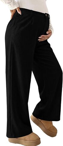 BLENCOT Women's High Waisted Maternity Corduroy Pants | Elastic Waist Wide Leg Maternity Pants with Pockets,Business Casual Work Trousers,Fall Winter Pregnancy & Postpartum Outfits in Kuwait