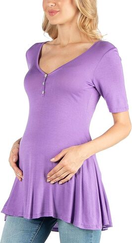 24seven Comfort Apparel Womens Comfortable Maternity Short Sleeve V Neck Henley Flared Swing Tunic Top Made in USA -Small-6X in Kuwait