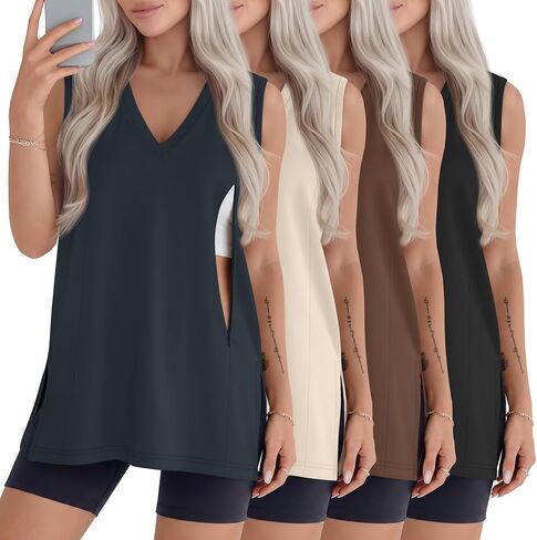 4 Pcs Womens Maternity Nursing Tank Tops | Zipper V Neck Design, Oversized Fit, Side Slit Hem, Sleeveless, Soft, Stretchy, Breastfeeding Shirts, Maternity, Daily Wear in Saudi Arabia