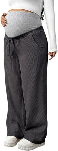 BLENCOT Maternity Pants for Women Over The Belly with Pockets Wide Leg Full Panel Stretchy Pregnancy Lounge Sweatpants Postpartum Dark Grey L in Kuwait