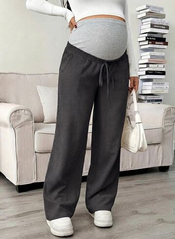 BLENCOT Maternity Pants for Women Over The Belly with Pockets Wide Leg Full Panel Stretchy Pregnancy Lounge Sweatpants Postpartum Dark Grey L in Kuwait
