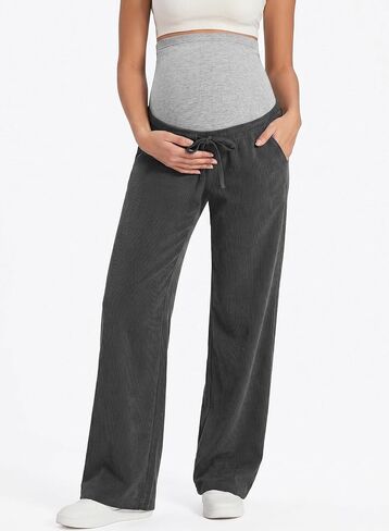 BLENCOT Maternity Pants for Women Over The Belly with Pockets Wide Leg Full Panel Stretchy Pregnancy Lounge Sweatpants Postpartum Dark Grey L in Kuwait