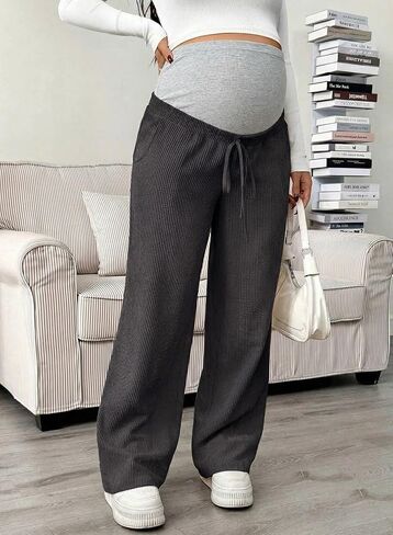 BLENCOT Maternity Pants for Women Over The Belly with Pockets Wide Leg Full Panel Stretchy Pregnancy Lounge Sweatpants Postpartum Dark Grey L in Kuwait