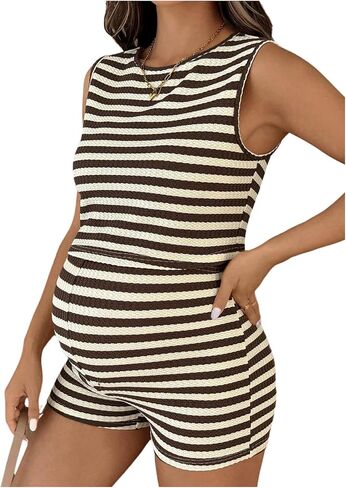 Milumia Women's Maternity 2 Piece Outfit Striped Knit Crop Tank Top Skinny Shorts Sets Pregnancy Loungewear in Kuwait