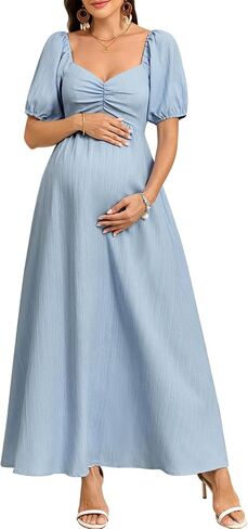 CYCLAMEN Boho Maternity Photoshoot Dress Sweetheart Neck Puff Sleeve Pleated A Line Maxi Pregnancy Gown for Baby Shower in Kuwait
