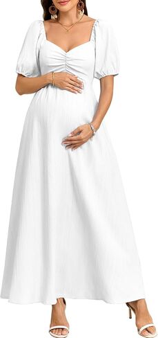 CYCLAMEN Boho Maternity Photoshoot Dress Sweetheart Neck Puff Sleeve Pleated A Line Maxi Pregnancy Gown for Baby Shower in Kuwait