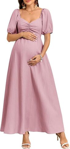 CYCLAMEN Boho Maternity Photoshoot Dress Sweetheart Neck Puff Sleeve Pleated A Line Maxi Pregnancy Gown for Baby Shower in Kuwait