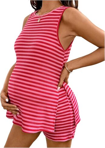 MakeMeChic Women's Maternity Sets Striped Sleeveless Split Tank Tops Shorts Lounge Set Summer Outfits in Saudi Arabia