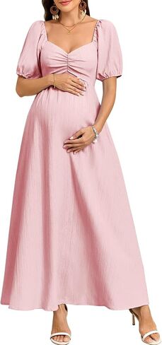 CYCLAMEN Boho Maternity Photoshoot Dress Sweetheart Neck Puff Sleeve Pleated A Line Maxi Pregnancy Gown for Baby Shower in Kuwait