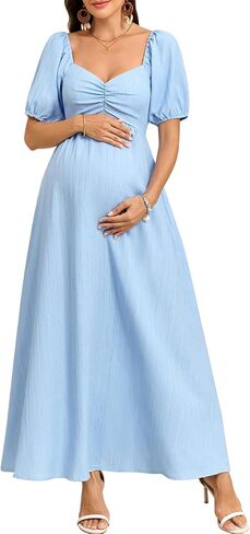 CYCLAMEN Boho Maternity Photoshoot Dress Sweetheart Neck Puff Sleeve Pleated A Line Maxi Pregnancy Gown for Baby Shower in Kuwait