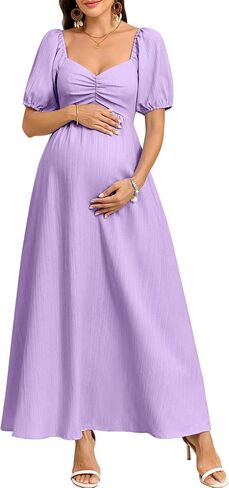 CYCLAMEN Boho Maternity Photoshoot Dress Sweetheart Neck Puff Sleeve Pleated A Line Maxi Pregnancy Gown for Baby Shower in Kuwait