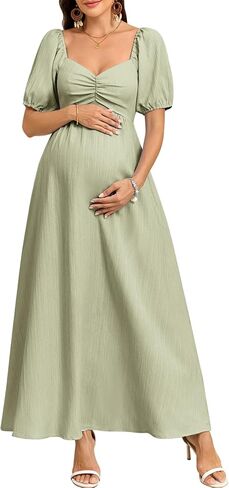CYCLAMEN Boho Maternity Photoshoot Dress Sweetheart Neck Puff Sleeve Pleated A Line Maxi Pregnancy Gown for Baby Shower in Kuwait