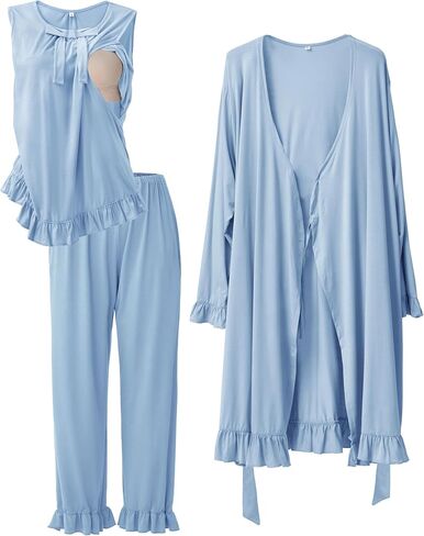 SUNNYBUY 3 PCS Ruffle Maternity Nursing Pajamas Set & Robe for Postpartum | Breastfeeding Tank Top with a Cute Bow, Pregnancy Pants & Robe, Hospital Bag Essential PJs in Kuwait