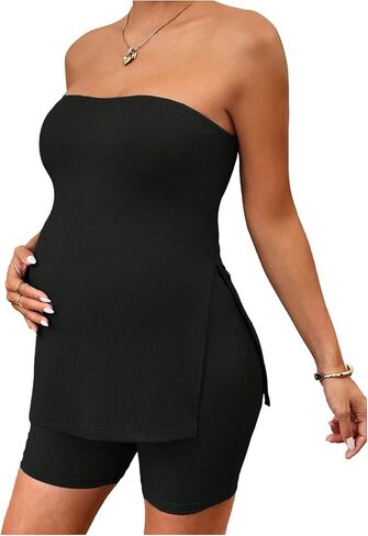 MakeMeChic Women's Maternity Two Piece Sets Sleeveless Tube Top and Mini Shorts Pregnancy Y2K Club Outfits in Saudi Arabia