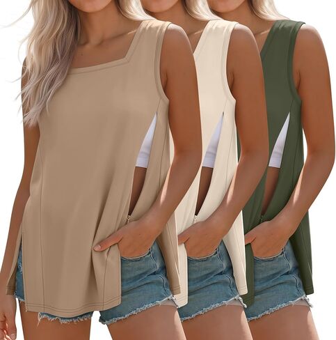 3 Pack Women's Nursing Tank Shirts | Square Neck, Breastfeeding Shirts, Hidden Zippers, Oversized Maternity Tops, Nursing, Pregnancy, Daily Wear in Saudi Arabia