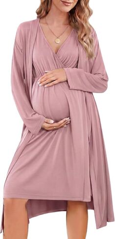 Cutecrop Maternity Nursing Gown and Robe Set Labor Delivery Hospital 2 Piece Postpartum Nightgowns Breastfeeding Lounge Set in Saudi Arabia