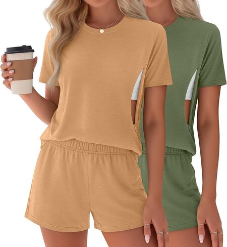 Riyiper 2 Packs Women's Nursing Pajamas Set | Maternity, Breastfeeding, Short Sleeve, Hidden Zippers, Shirts, Shorts, Loungewear, Soft, Comfortable, Postpartum Recovery in Saudi Arabia