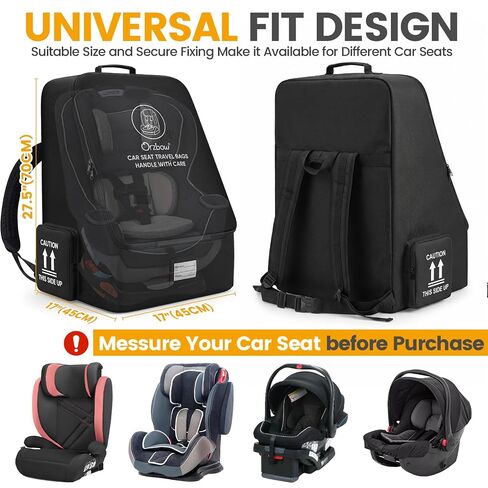 Orzbow Padded Car Seat Travel Bag for Airplane, Carseat Backpack Bags with Side Pocket, Car Seat Carrier with Shoulder & Waist Strap for Airport Gate Check, Universal Fit Carseat & Booster Seat, Black in Saudi Arabia