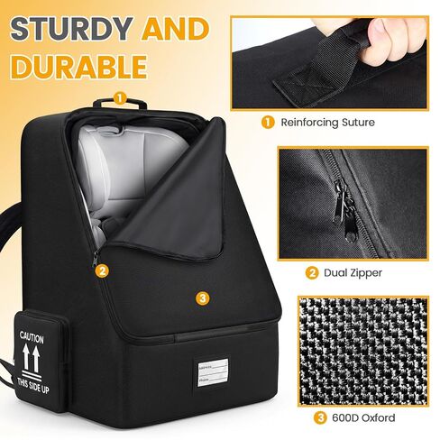 Orzbow Padded Car Seat Travel Bag for Airplane, Carseat Backpack Bags with Side Pocket, Car Seat Carrier with Shoulder & Waist Strap for Airport Gate Check, Universal Fit Carseat & Booster Seat, Black in Saudi Arabia