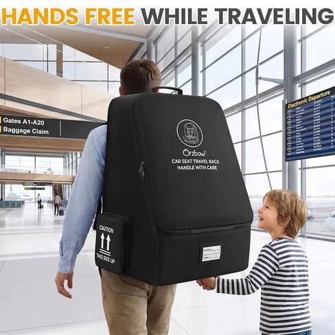 Orzbow Padded Car Seat Travel Bag for Airplane, Carseat Backpack Bags with Side Pocket, Car Seat Carrier with Shoulder & Waist Strap for Airport Gate Check, Universal Fit Carseat & Booster Seat, Black in Saudi Arabia