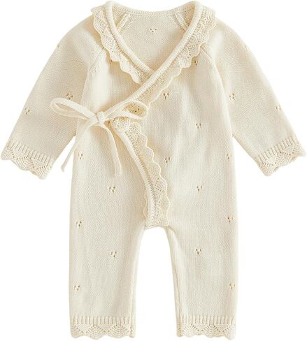 Kupretty Newborn Girl Outfit Baby Sweater Knit Romper Jumpsuit | Coming Home Outfit Baby Girl Knit Clothes Kimono Wrap Romper Fall Winter Clothes Long Sleeve Side Tie Footless Jumpsuit in Saudi Arabia