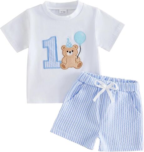 Toddler Baby Boy Birthday Outfit One Animal/Onederful Embroidery T-shirt Stripe Shorts Summer Cake Smash Outfit in Saudi Arabia