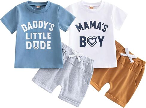 Baby and Toddler Boys 4-Piece Clothes Set, 2-Pack Cotton Short Sleeve Graphic T-Shirts & Shorts Summer Outfit in Saudi Arabia