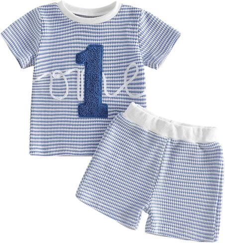 Baby Boy First Birthday Outfit One Embroidery Waffle Tops Short Sets 1st Birthday Outfit Summer Clothes 6 12 18 M in Saudi Arabia