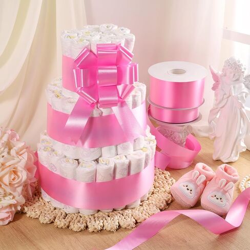 LaRibbons Pink Stiff Floral Satin Ribbon 2.5 Inch x 100 Yards, Waterproof Polypropylene Ribbon for Baby Shower Decorations, Gift Baskets and Outdoor Use in Saudi Arabia