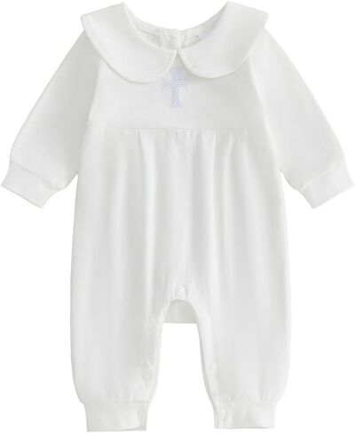 Newborn Baby Christening Outfits Boys Girls Jumpsuit White Baptism Outfit | Newborn Baby Boys Girls Baptism Outfits Long Sleeve Cross Embroidery One-Piece Romper Spring Fall Clothes 0-18 Months in Saudi Arabia