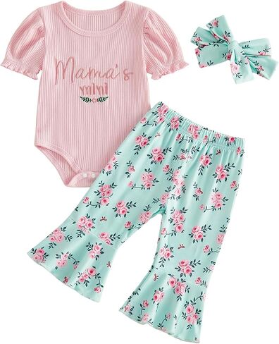 Infant Baby Girl Summer Clothes Letter Short Sleeve Ribbed Romper Floral Flared Pants Set Headband 3Pcs Outfits in Saudi Arabia