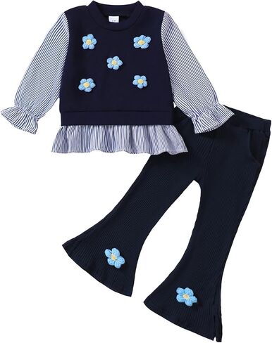Kucnuzki Baby Girls Clothes Toddler Girl Clothes Floral Crewneck Sweatshirt and Flare Pants Fall Winter Outfits 6M-5T in Kuwait