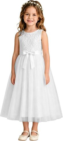 Lace Tulle Flower Girl Dress for Wedding Scoop Neck Princess Gowns | lace appliques, tulle, bow, a line, scoop neck, sleeveless, zipper, jacquard dress for weddings and special occasion dresses in Kuwait