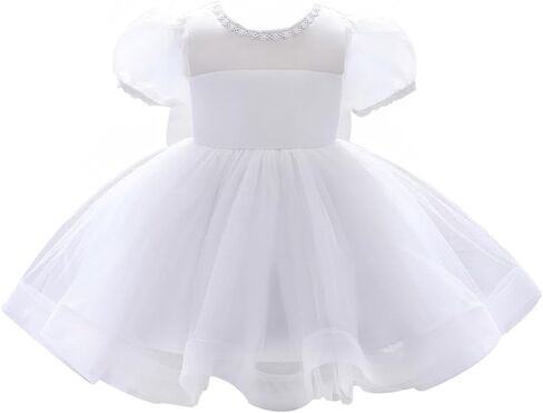 Lito Angels Baby Toddler Girls White Baptism Christening Dress, Wedding Flower Girl Puffy Tulle Ball Gown for Pageant Party in Kuwait