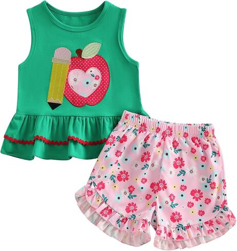 Toddler Girl Back to School Outfit Baby Kids Pencil Plaid T-Shirt Shorts Set Kindergarten Pre-K Outfits in Kuwait