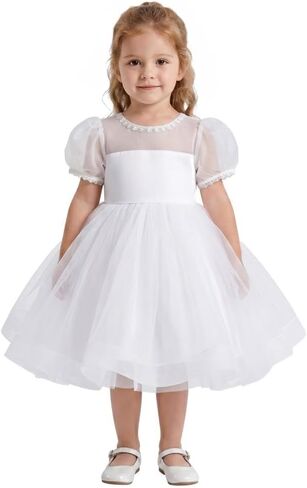 Lito Angels Baby Toddler Girls White Baptism Christening Dress, Wedding Flower Girl Puffy Tulle Ball Gown for Pageant Party in Kuwait