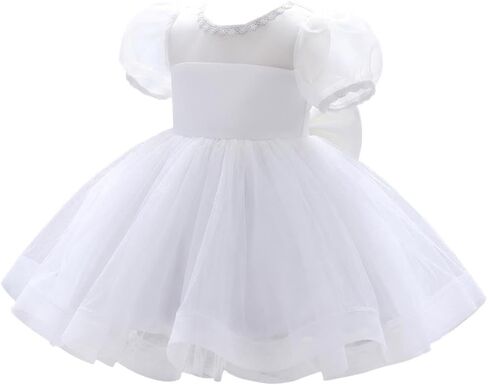 Lito Angels Baby Toddler Girls White Baptism Christening Dress, Wedding Flower Girl Puffy Tulle Ball Gown for Pageant Party in Kuwait