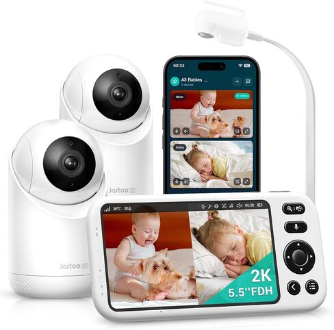 Jartoo Smart Baby Monitor with 2K Camera & Mount, 1860ft Long Range, 5.5" Screen, Hybrid Wi-Fi and No Wi-Fi Connection, AI-Powered Detection, Free App & 24/7 Recording, ANR in Kuwait