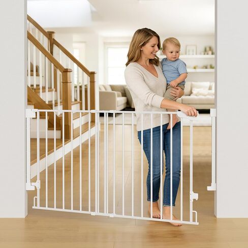 Cumbor 29.2–43" Baby Gate for Stairs, Hardware Mounted (Drill Required), Expandable No Bottom Bar Dog Gate, Auto Close Extra Wide Walk Thru, Pet & Toddler Proof Gate, Top & Bottom of Stairways (White) in Kuwait