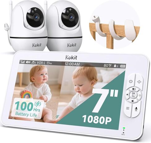 7" 1080P Baby Monitor with Camera and Audio, No WiFi, Dual Camera Split Screen for Twins, 100-Hour Battery, Night Vision, 2-Way Talk, Temperature Monitor in Kuwait