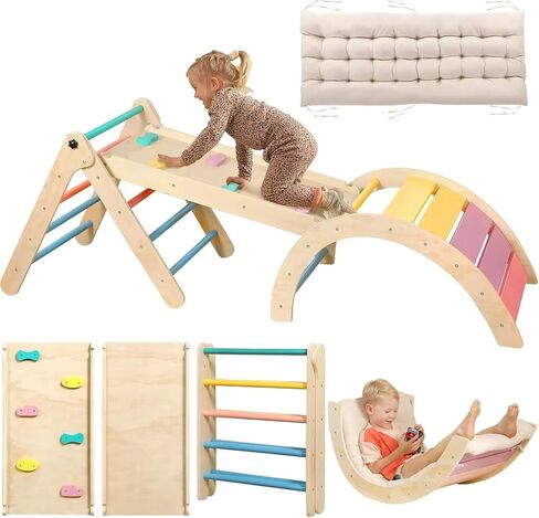 Yopnoyik Pikler Triangle Set with Cushion, 7 in 1 Toddler Climbing Toys Indoor, Montessori Foldable Climbing Set, Wooden Climbing Toys for Toddlers Inside with Ramp, Arch and Ladder (Nature Wood) in Kuwait