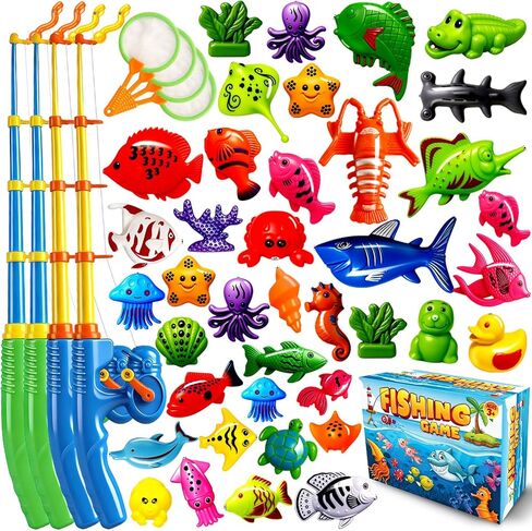 CozyBomB™ Magnetic Fishing Toys Game Set for Kids | Water Table Bathtub Kiddie Pool Party Pole Rod Net, Outdoor Plastic Floating Fish, Toddler Bath Color Ocean Sea Animals Birthday Gift Age 3-5 6 4-8 in Kuwait