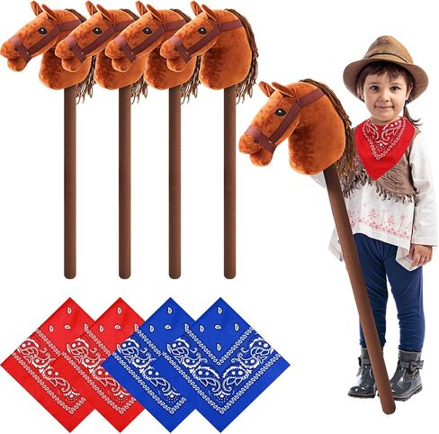 Poen 4 Pack Light Brown Horse Stick with Sound Red and Blue Bandana Set 27.6'' Toys Stick Horse Western Cowboy Bandana with Neighing Sound for Boys Girls Fun Pretend Games (White Brown) in Kuwait