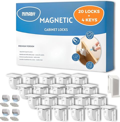 Magnetic Cabinet Locks Baby Proofing 20 Locks + 4 Keys – NINABY Ultra-Strong Child Safety Locks for Cabinets & Drawers Up to 1.5" – No Drill – 3M Adhesive – Invisible Installation in Kuwait