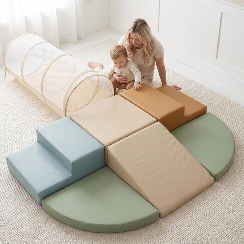 Fun Climbing Toy Set for Toddlers 1-3 - Crawl Tunnel & Foam Climbing Blocks | Play gym with crawl through tunnel and PU leather blocks - safe indoor fun for baby and kids to learn new skills in Kuwait