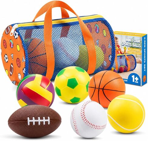 Sports Balls for Toddlers 1-3, 6 Piece Soft Sports Balls with Foam Soccer, Basketball, Football, Baseball, Tennis & Volleyball - Toddler Boys & Girls Ball Toy Gift in Kuwait